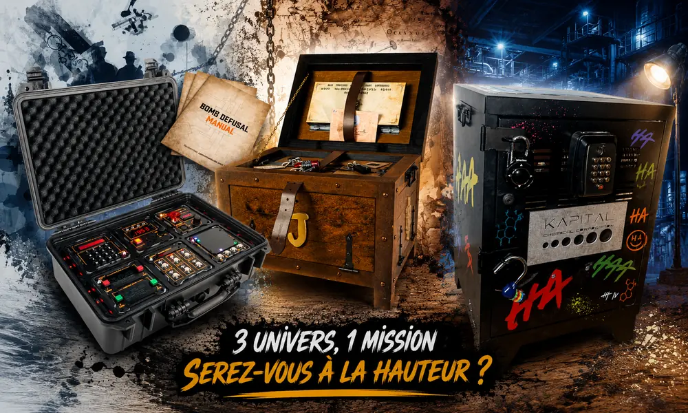 Les trois malles escape game : Pirate, Riktus et Defuse Bomb